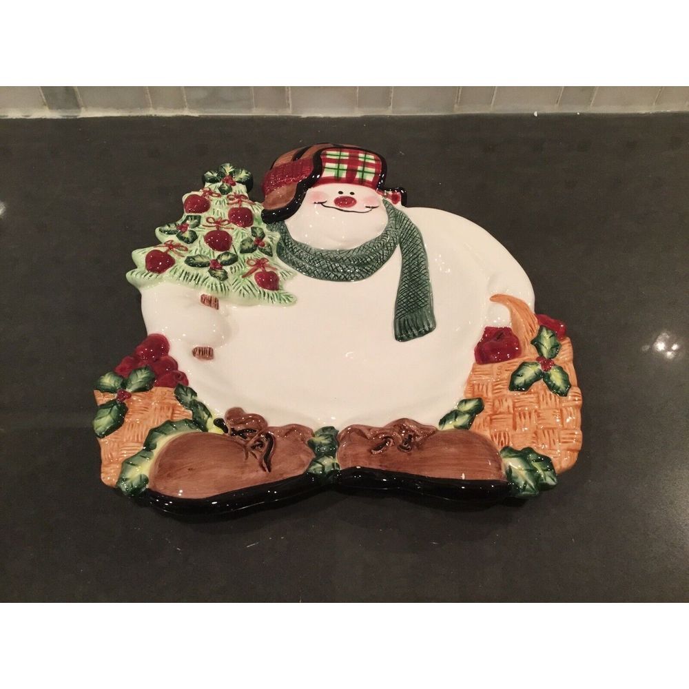 Fitz and Floyd Apple Tree Snowman Canapé Plate- Holidays adorable